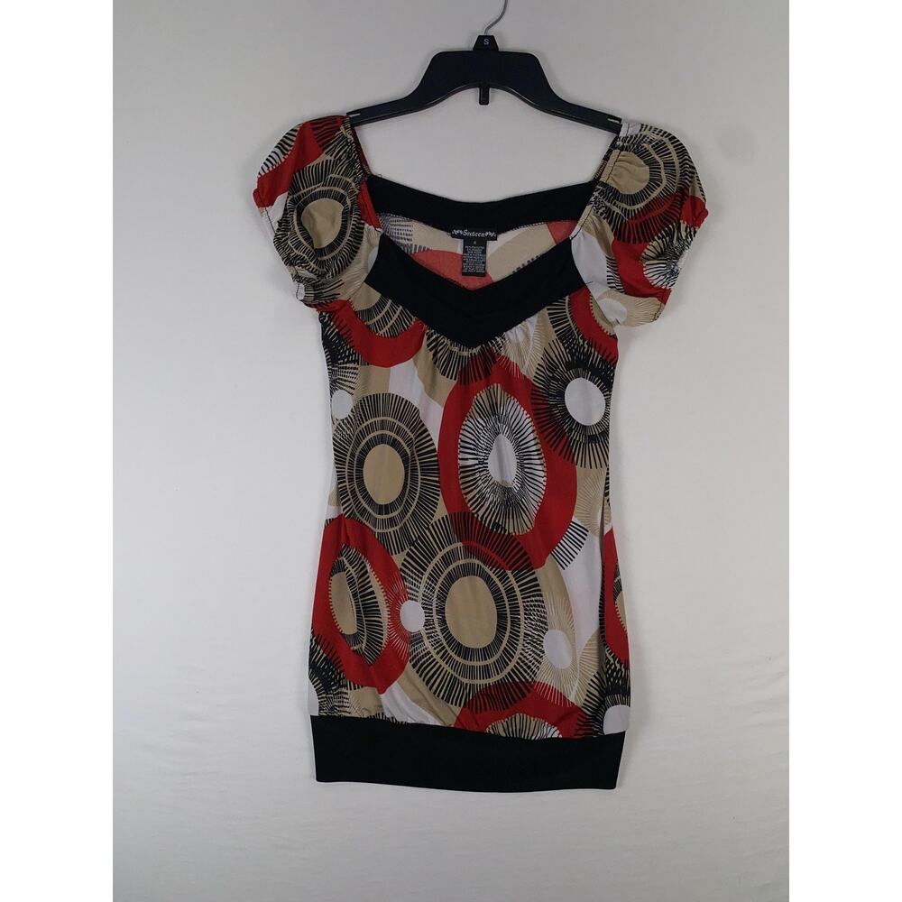 Sixteen Blouse Womens Small Multicolor Geometric Puff Sleeve V Neck Tunic Top